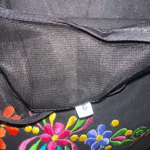 ARTISAN Multi-Color Floral Embroidered Mexican Dress Black Mesh Boho Tunic - Picture 4 of 4